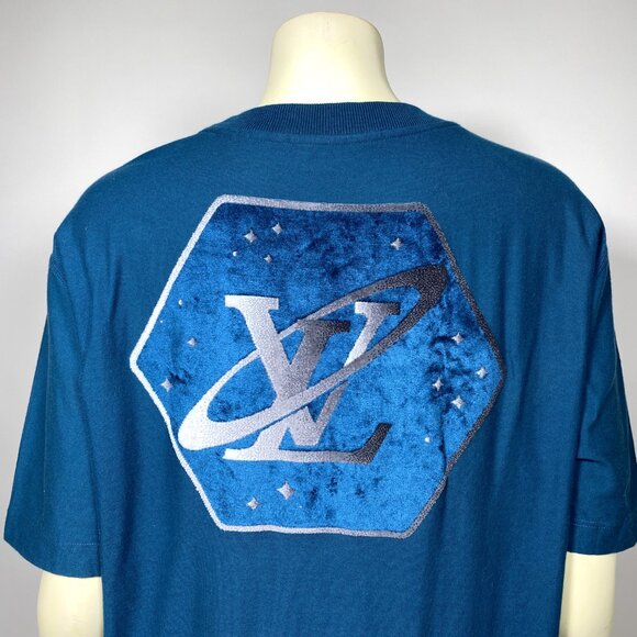 LOUIS VUITTON Teal Cotton Jacquard Velour 'Space' Logo Tee - Picture 5 of 8